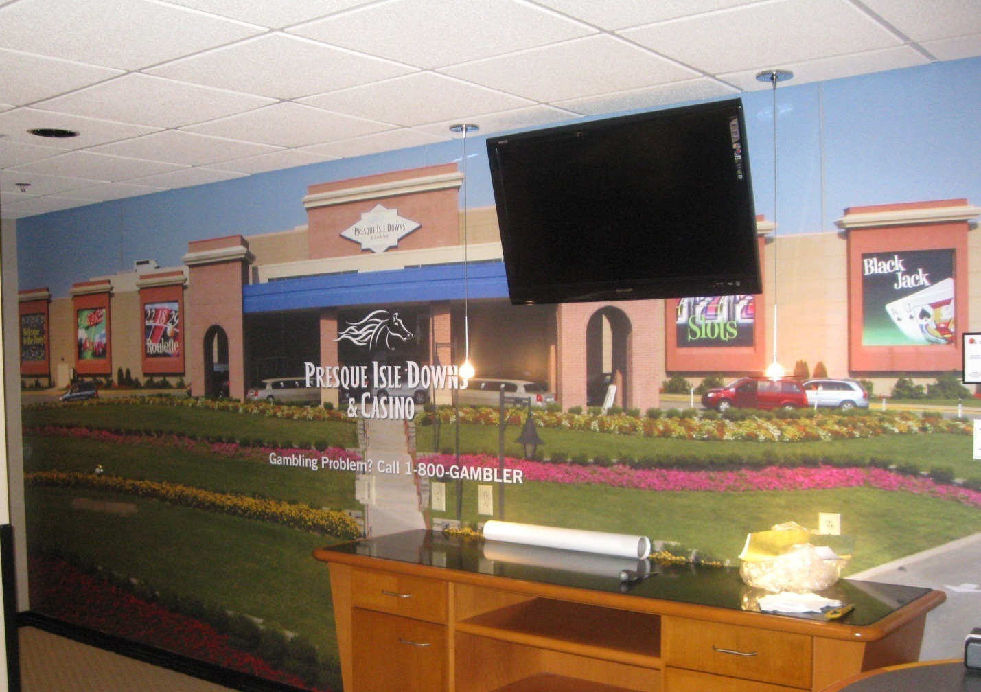 Full 4 color wall coverings printed in our wide format department and installed by our team at Presque Isle Downs and Casino.