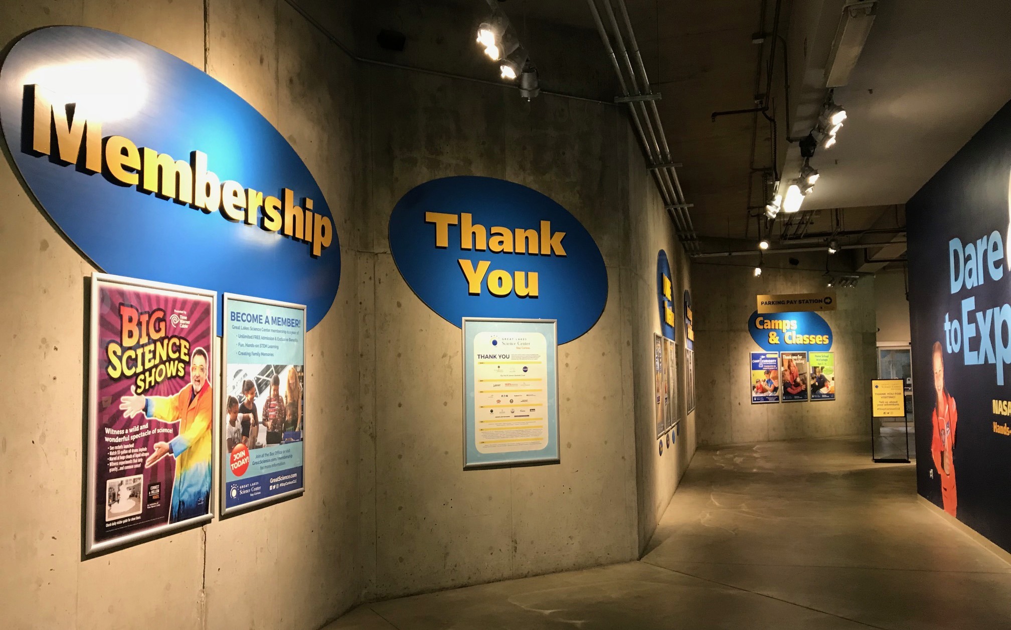 Cleveland Science Center Membership and Thank you signs in the hallways
