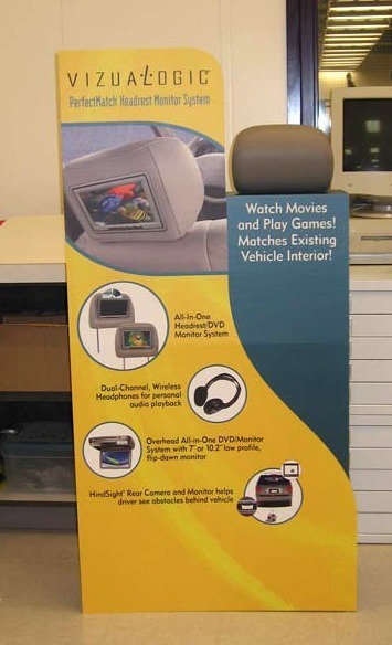 Custom dimensional display created, printed and installed in-house to present the Vizualogic PerfectMatch Headrest Monitor System.